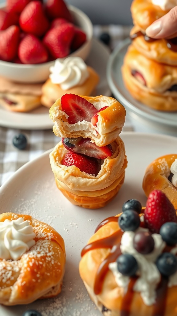 Delicious strawberry shortcake puff pastries with whipped cream and fresh strawberries