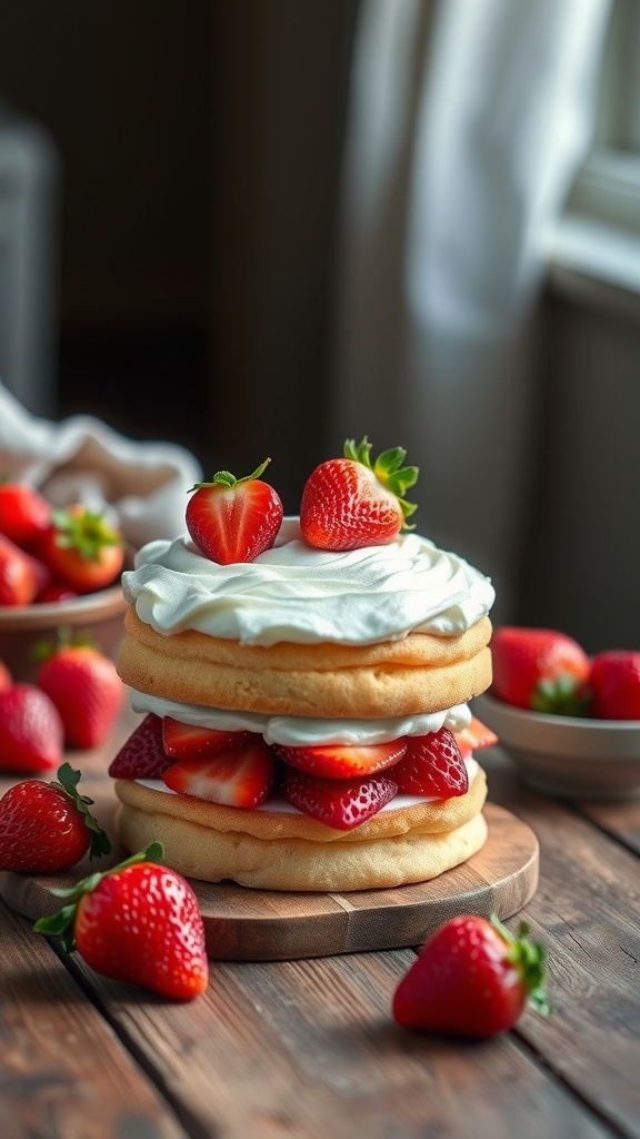 A delicious strawberry shortcake layered with fresh strawberries and whipped cream.