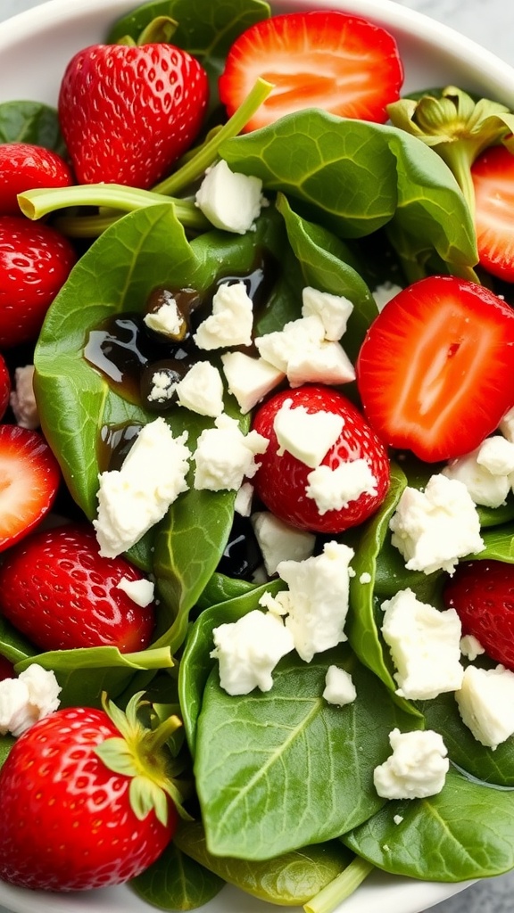 A vibrant salad featuring strawberries, spinach, and feta cheese.