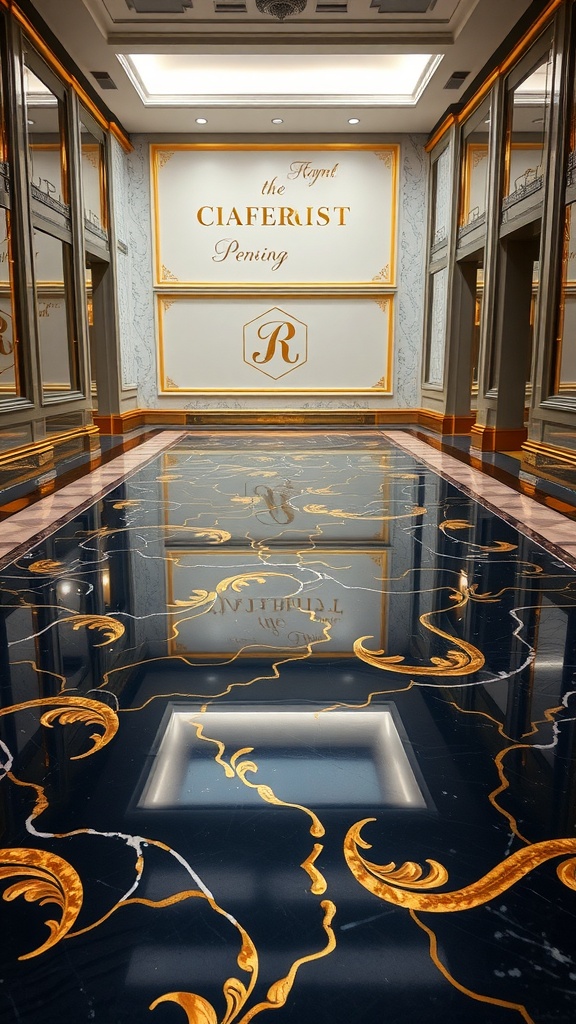 Black and gold patterned epoxy floor with reflections in an elegant interior space.