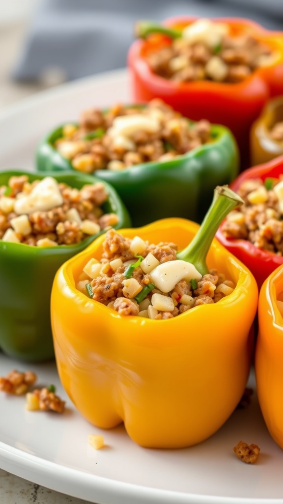 Colorful stuffed bell peppers filled with a savory mixture of ground beef and rice.