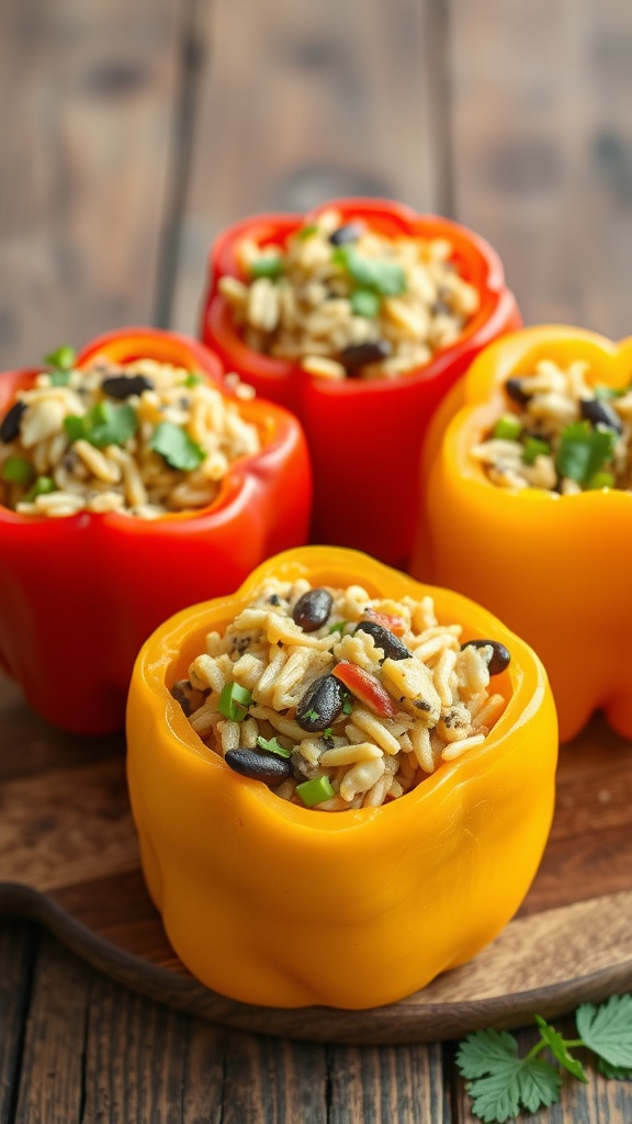 Colorful stuffed bell peppers filled with a savory mixture of rice, beans, and spices.