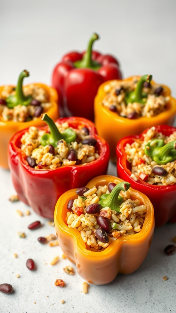 Colorful stuffed bell peppers filled with rice and beans