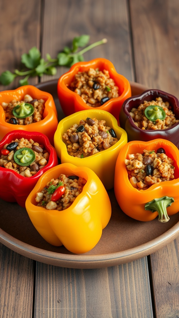 Colorful stuffed bell peppers filled with quinoa, beans, and corn on a brown plate.