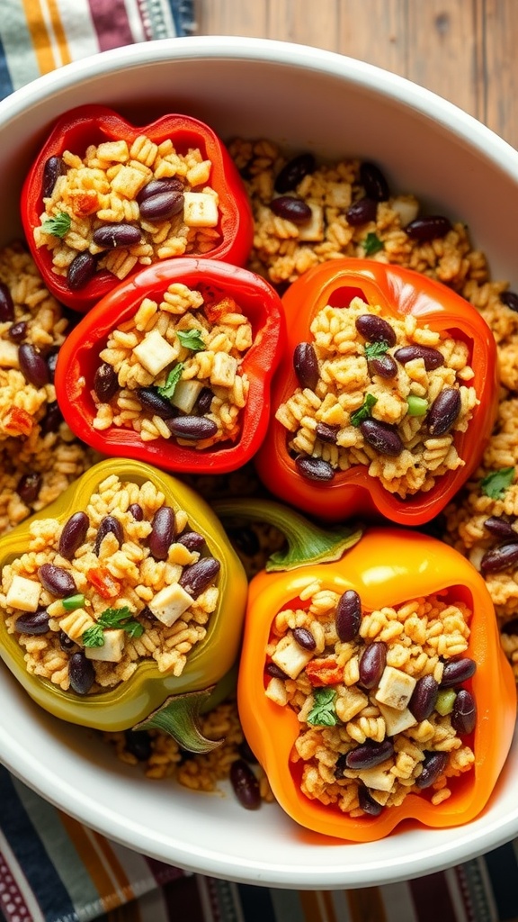 Stuffed bell peppers filled with rice, beans, and tomatoes