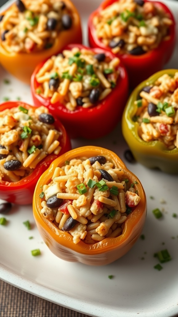 Colorful stuffed bell peppers filled with grains, beans, and cheese.