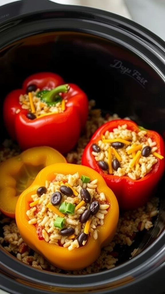 A close-up view of stuffed bell peppers in a crockpot, showcasing colorful peppers filled with rice, beans, and cheese.
