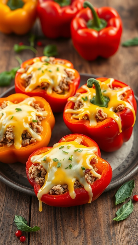 Stuffed bell peppers with ground turkey topped with melted cheese