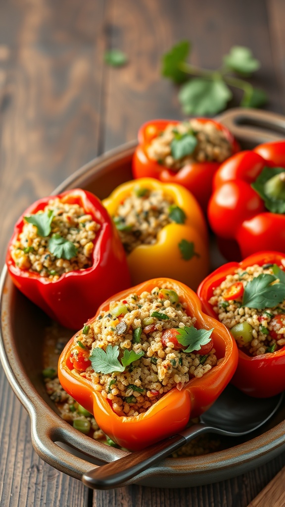 Stuffed bell peppers filled with quinoa and vegetables, garnished with cilantro.