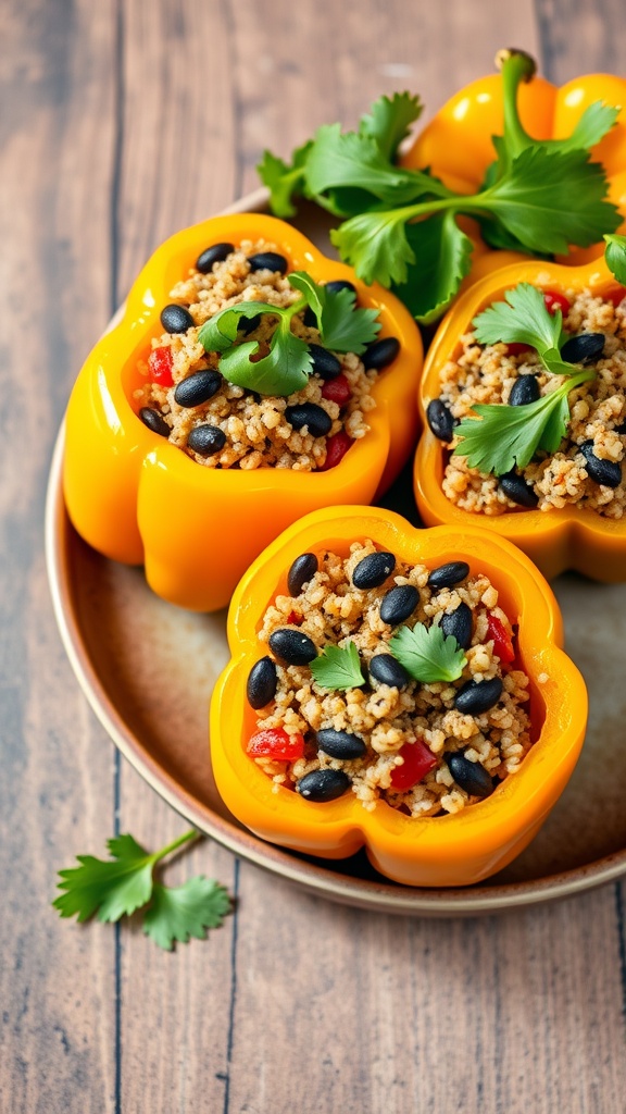 Stuffed bell peppers filled with quinoa, black beans, and garnished with cilantro.