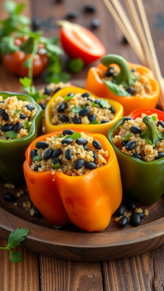 Stuffed bell peppers filled with quinoa and black beans ready to be served.