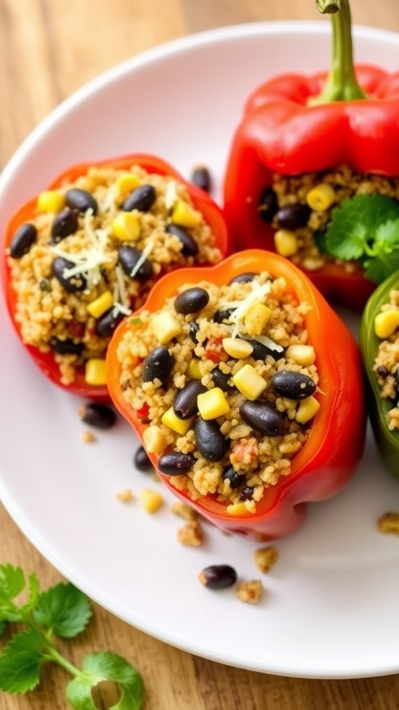 Stuffed bell peppers filled with quinoa, black beans, and corn