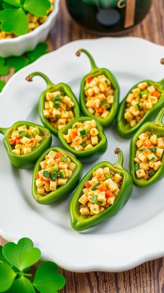 Stuffed green peppers with a colorful filling on a plate.