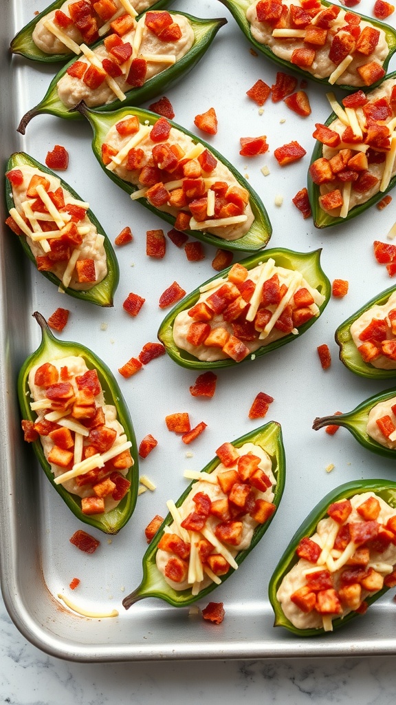 Delicious stuffed jalapeño poppers topped with cheese and bacon on a baking sheet.