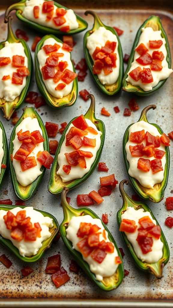 Stuffed jalapeños topped with bacon and cheese on a baking tray.
