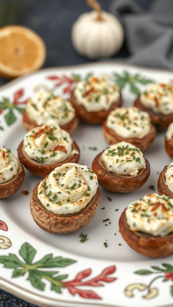A plate of stuffed mushrooms with cream cheese filling, garnished with herbs.