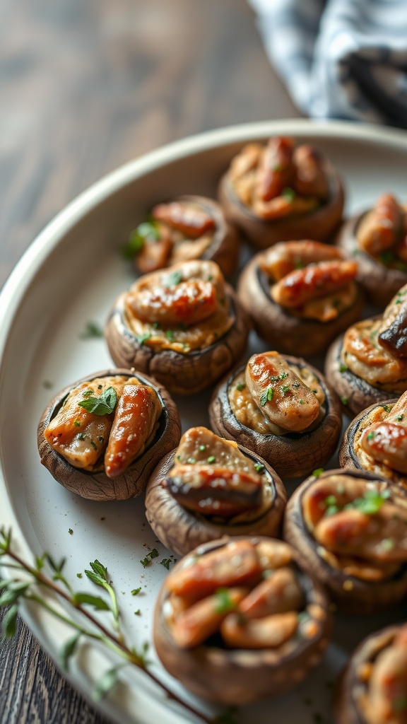 Delicious stuffed mushrooms with sausage on a serving platter.