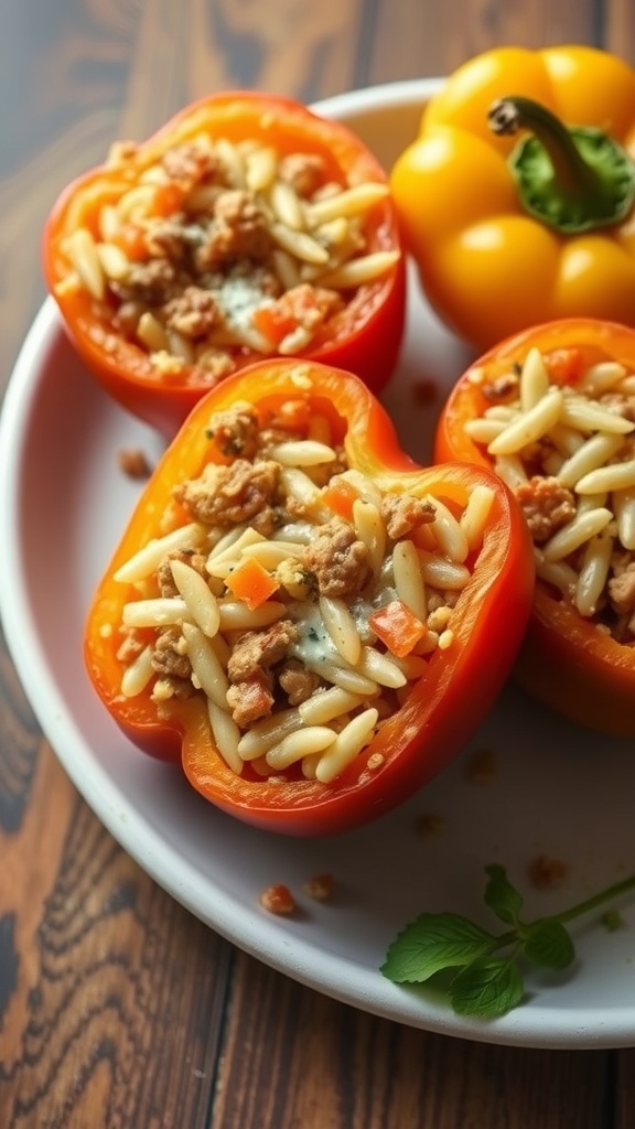 Stuffed peppers filled with sausage, rice, and cheese on a plate.