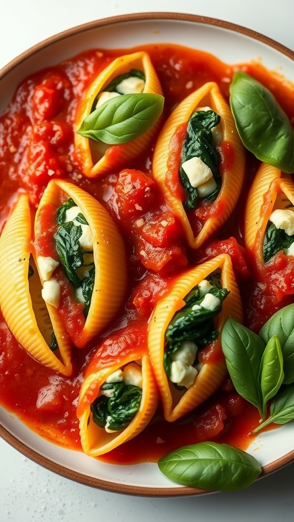 A plate of stuffed pasta shells filled with ricotta and spinach, topped with marinara sauce and basil.