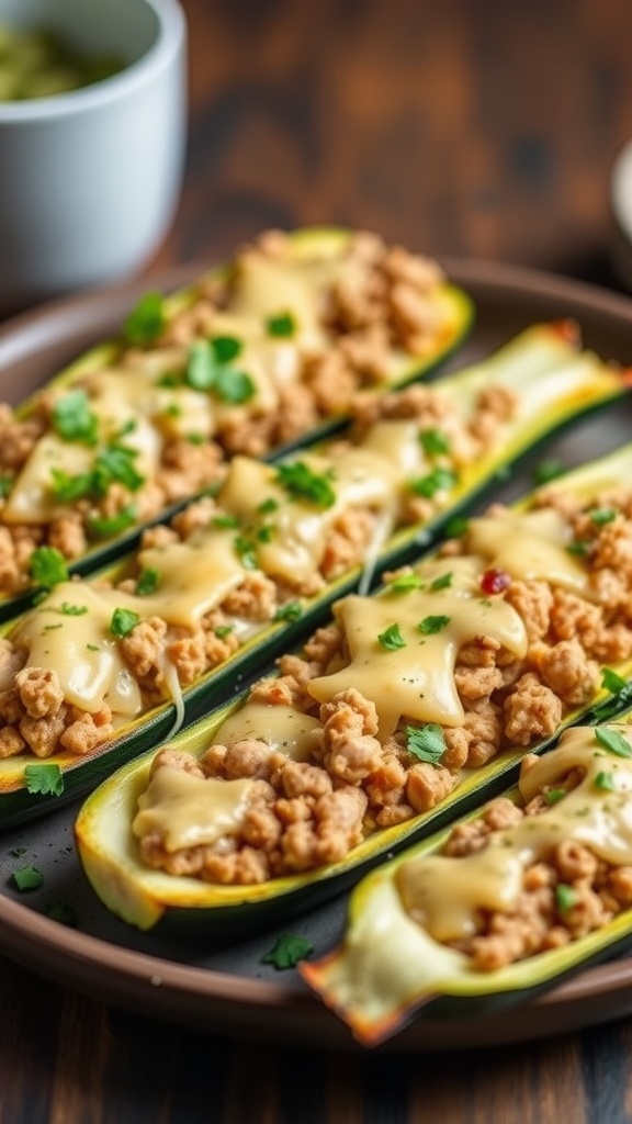 Stuffed zucchini boats filled with ground turkey and topped with melted cheese.