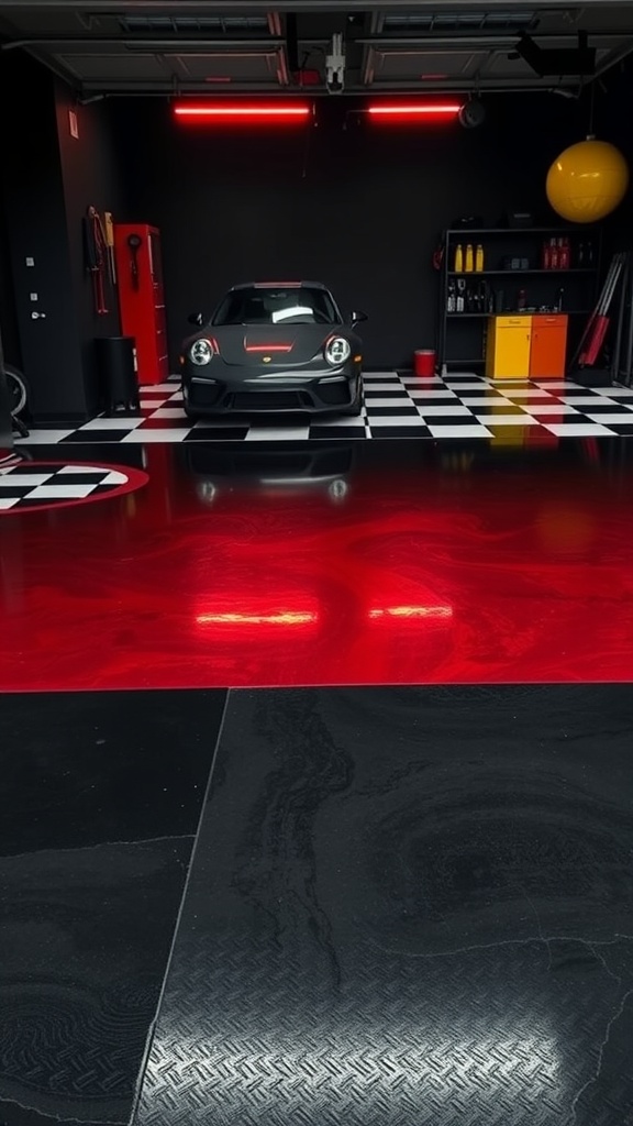 A modern garage with a black and red gradient epoxy floor, a sleek car, and colorful storage.