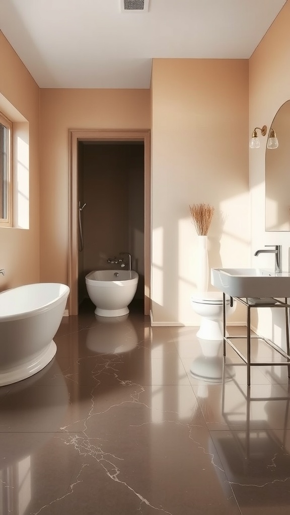 A bright and modern bathroom featuring a colorful epoxy floor with swirling patterns in blue and orange shades.