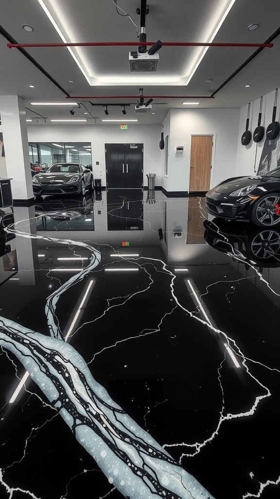 A sleek garage interior featuring a black marble epoxy floor with white geometric patterns, showcasing luxury and modern design.