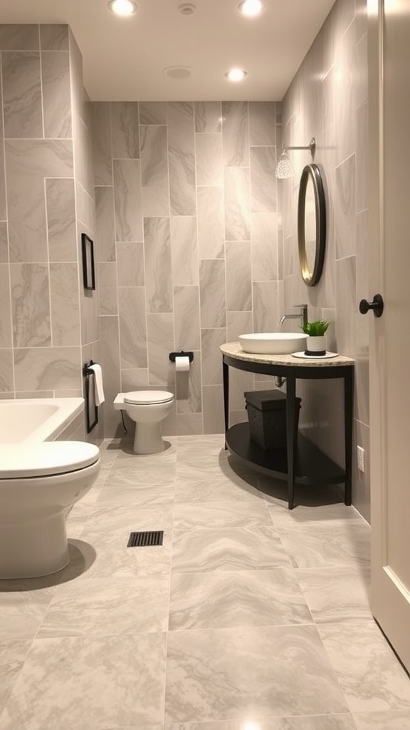 A beautifully designed bathroom featuring marble effect epoxy flooring with modern fixtures.