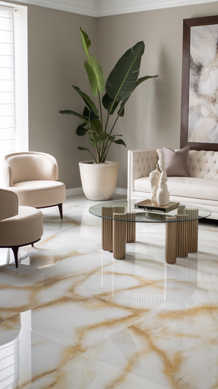 Modern living room with marble effect epoxy flooring, featuring a glass table and plush seating.