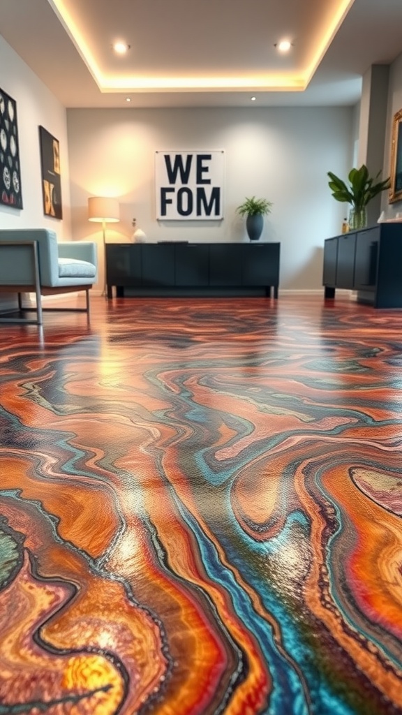 A modern living room with a metallic epoxy floor featuring colorful swirling patterns