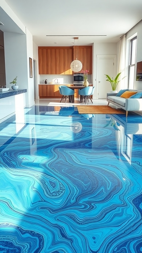 Interior space featuring stunning ocean blue swirl epoxy flooring with light furniture and a modern kitchen in the background