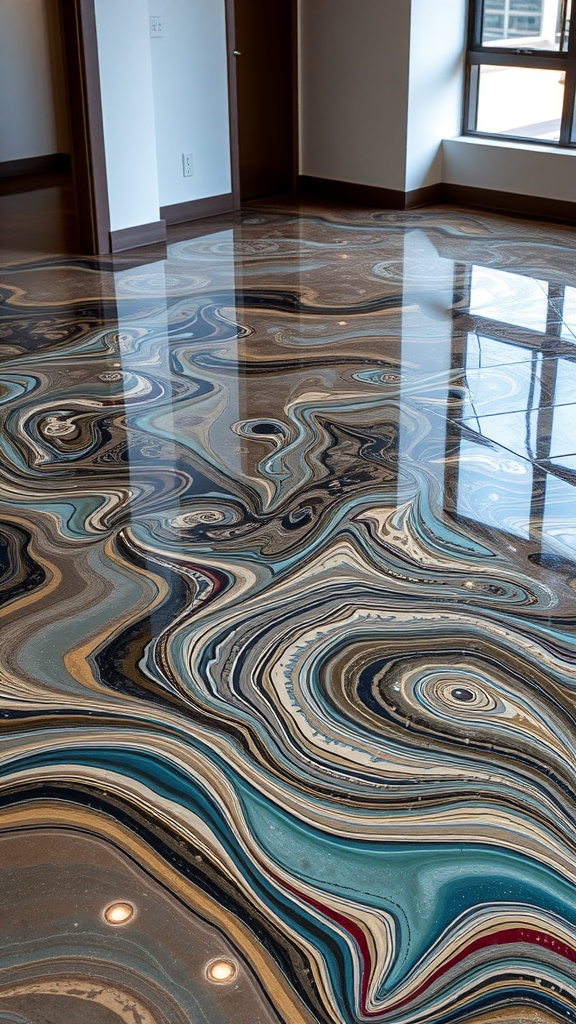 A beautifully designed epoxy metallic floor with swirls of blue, gold, and dark colors, reflecting light in a modern room.