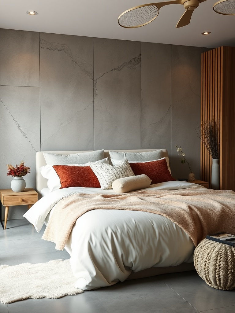 A cozy bedroom featuring a stylish area rug on matte epoxy floors, warm lighting, and soft decor.