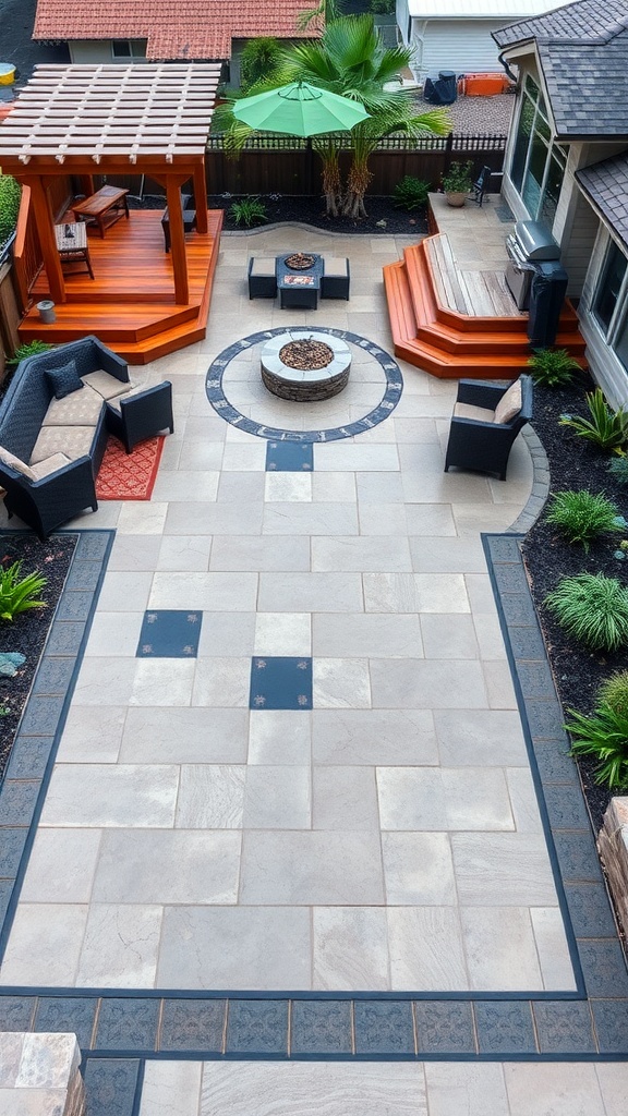 Stylish stamped concrete patio with a bold border design and wooden deck.