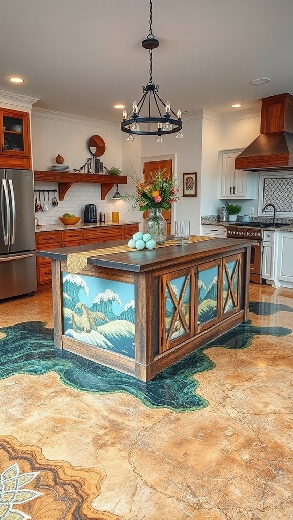 Stylish kitchen island with epoxy flooring and artistic design elements