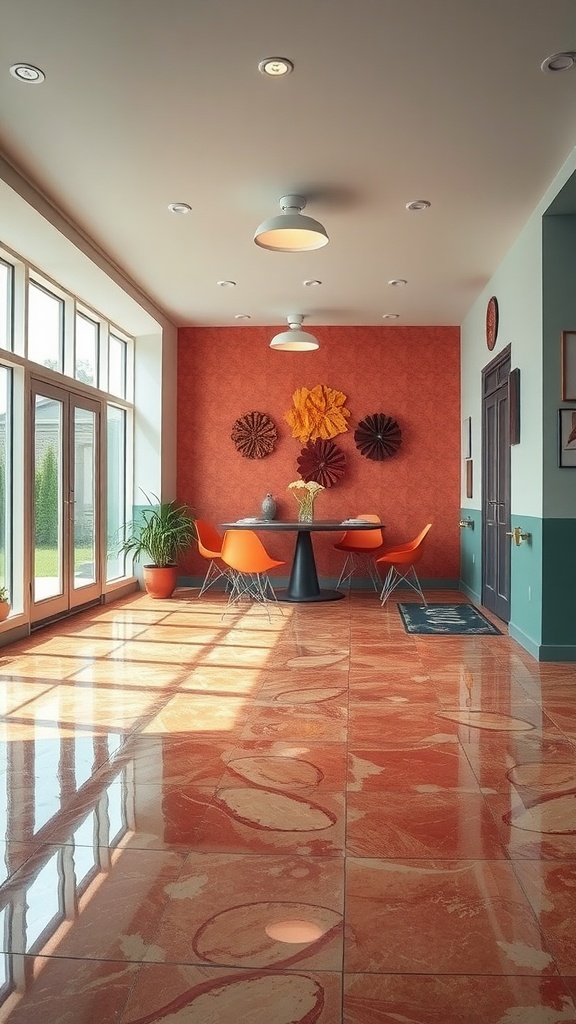 A stylish black and white checkerboard epoxy floor in a modern basement with a bar area.