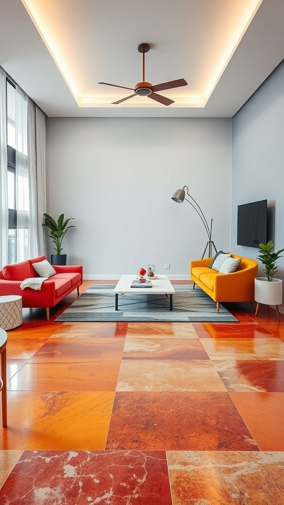 Stylish living room with colorful epoxy flooring, featuring red and orange hues