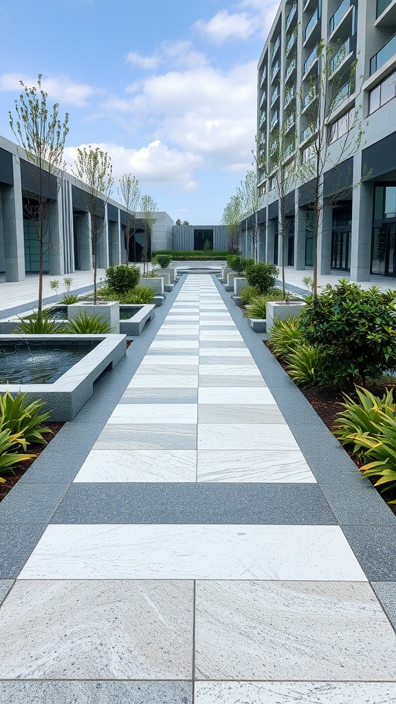 A stylish epoxy walkway with water features and greenery on both sides.