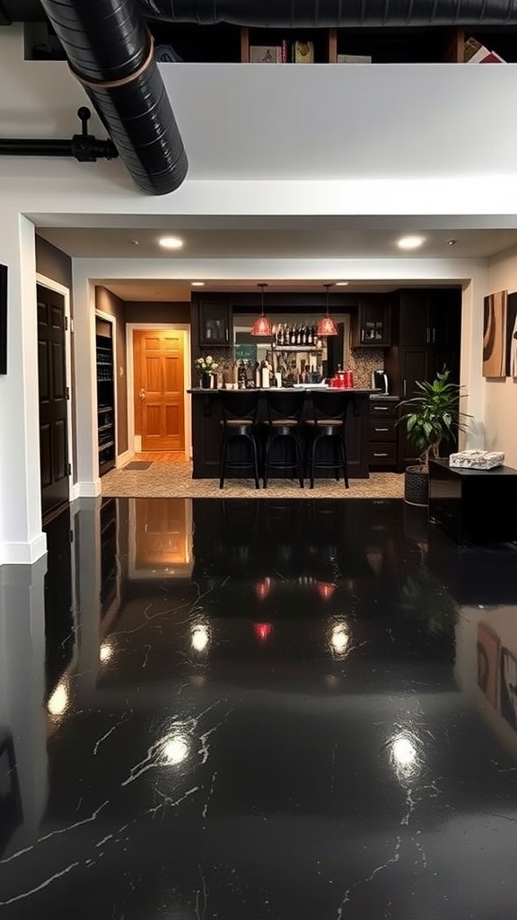Stylish basement with a black epoxy floor and a bar area
