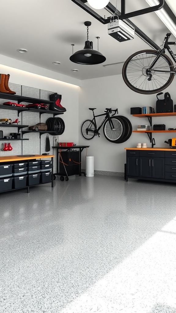 A modern garage featuring epoxy flooring, stylish shelves, and organized storage solutions.