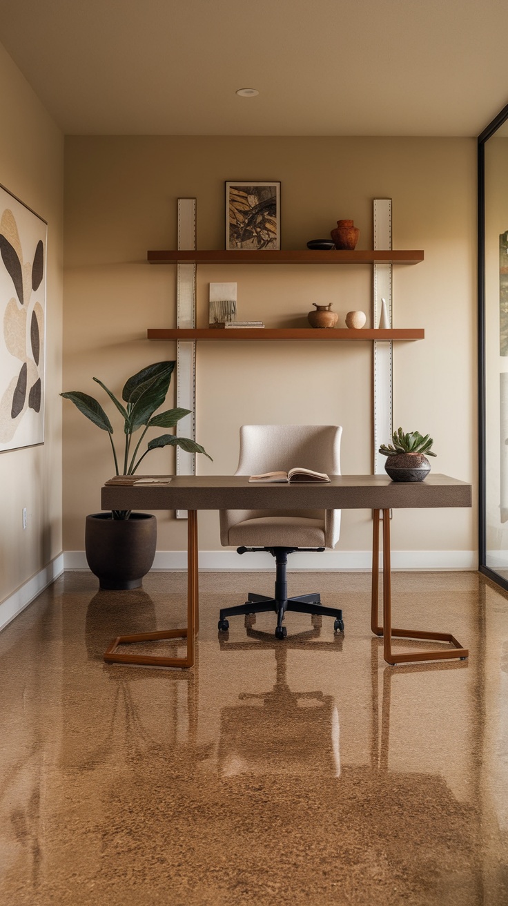 Stylish home office with epoxy flake flooring, modern desk, and decor