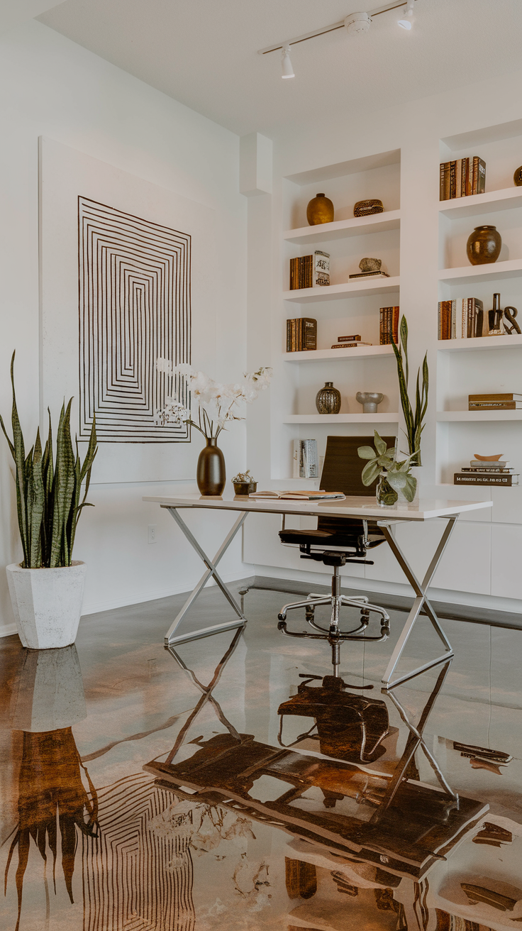 Stylish office space featuring epoxy flooring with modern furniture and decor