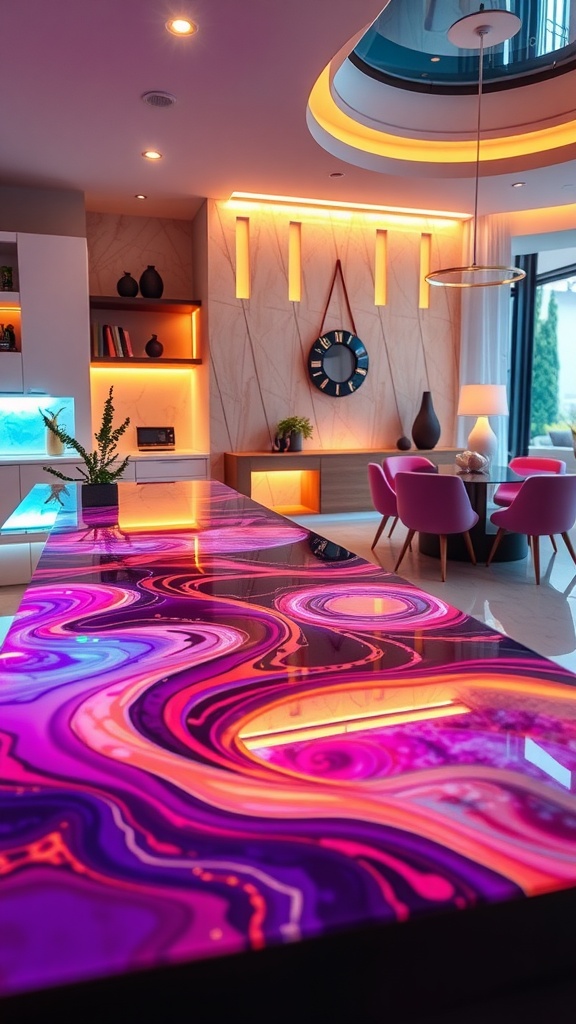 Stylish resin kitchen countertop with vibrant purple and pink patterns