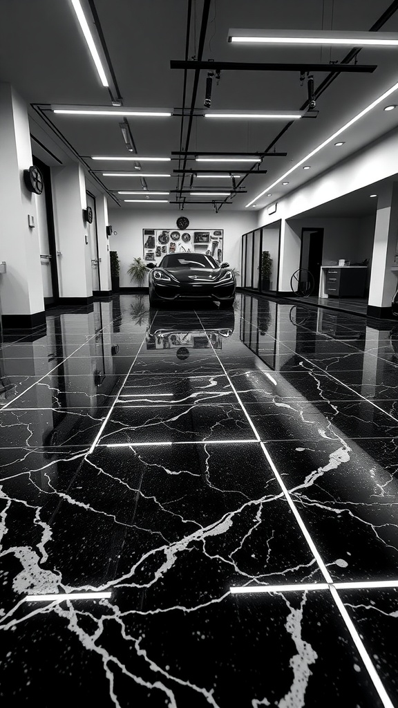 Stylish black marble epoxy floor with white veining, featuring a sleek car in a modern garage setting.