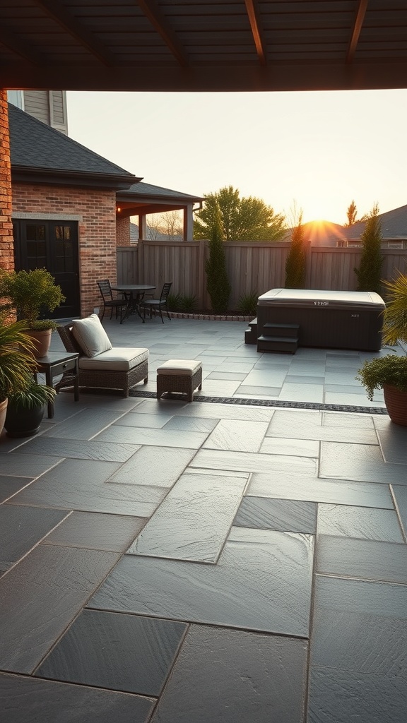 A beautiful patio with beige tones, featuring comfortable seating and a hot tub, surrounded by greenery.