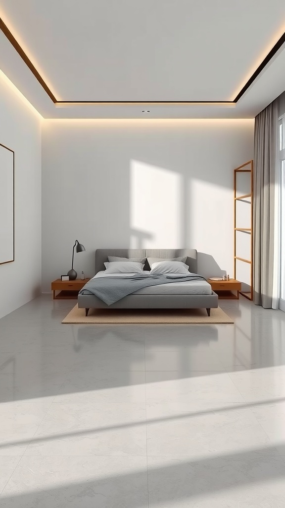 Modern bedroom with subtle color gradient concrete floor