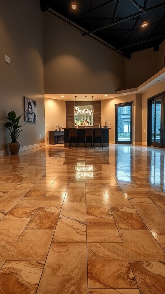 Polished resin floor with subtle earth tones in a modern interior space