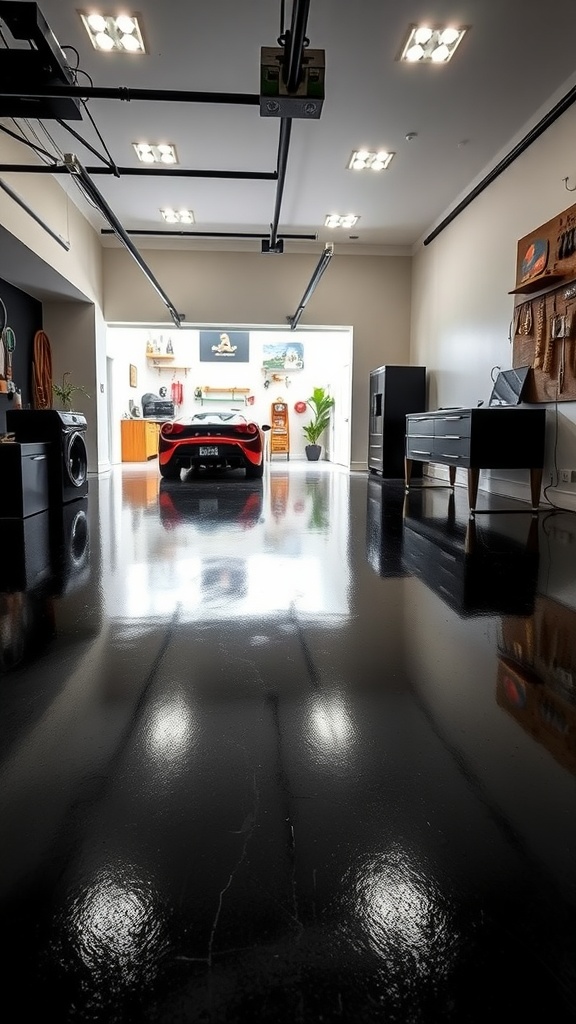 A stylish black epoxy garage floor with a modern design, showcasing a shiny finish and a sleek interior layout.