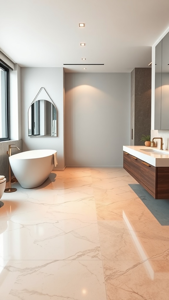 A modern bathroom with a subtle gradient epoxy floor in soft whites and light grays