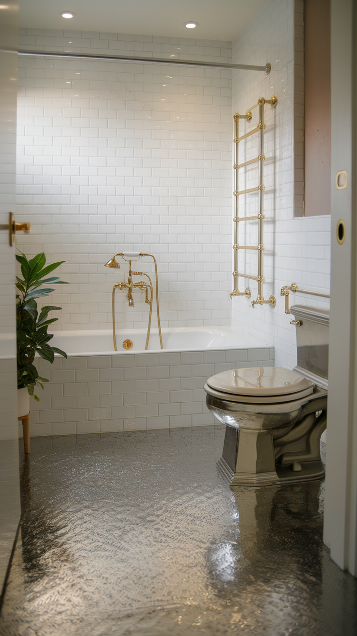 A stylish bathroom featuring subtle gray metallic epoxy flooring with silver specks, complemented by gold fixtures and white tiles.
